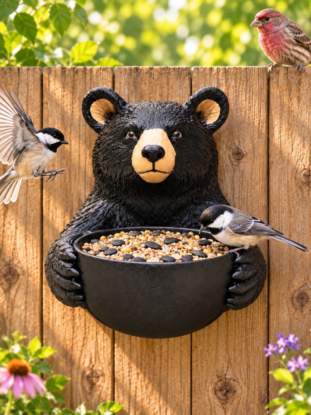 Black Bear Bird Feeder Wall Fence Mounted or Freestanding Garden Decor